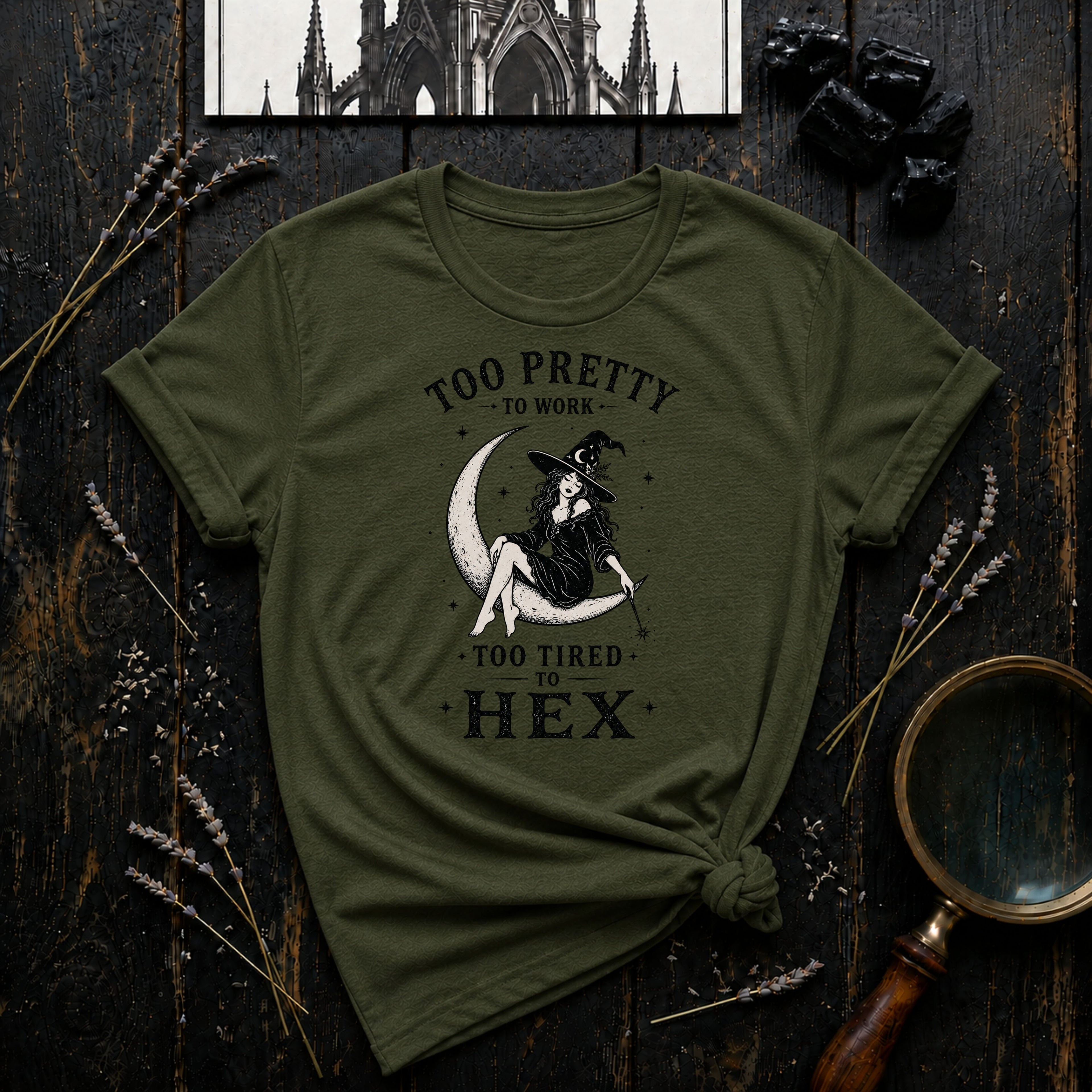 Too Pretty to Work Tee — Vintage Witch Graphic T-Shirt ("Too Pretty to Work, Too Tired to Hex")