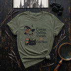 Covens, Coffins, Curses, & Cold Brew T-Shirt