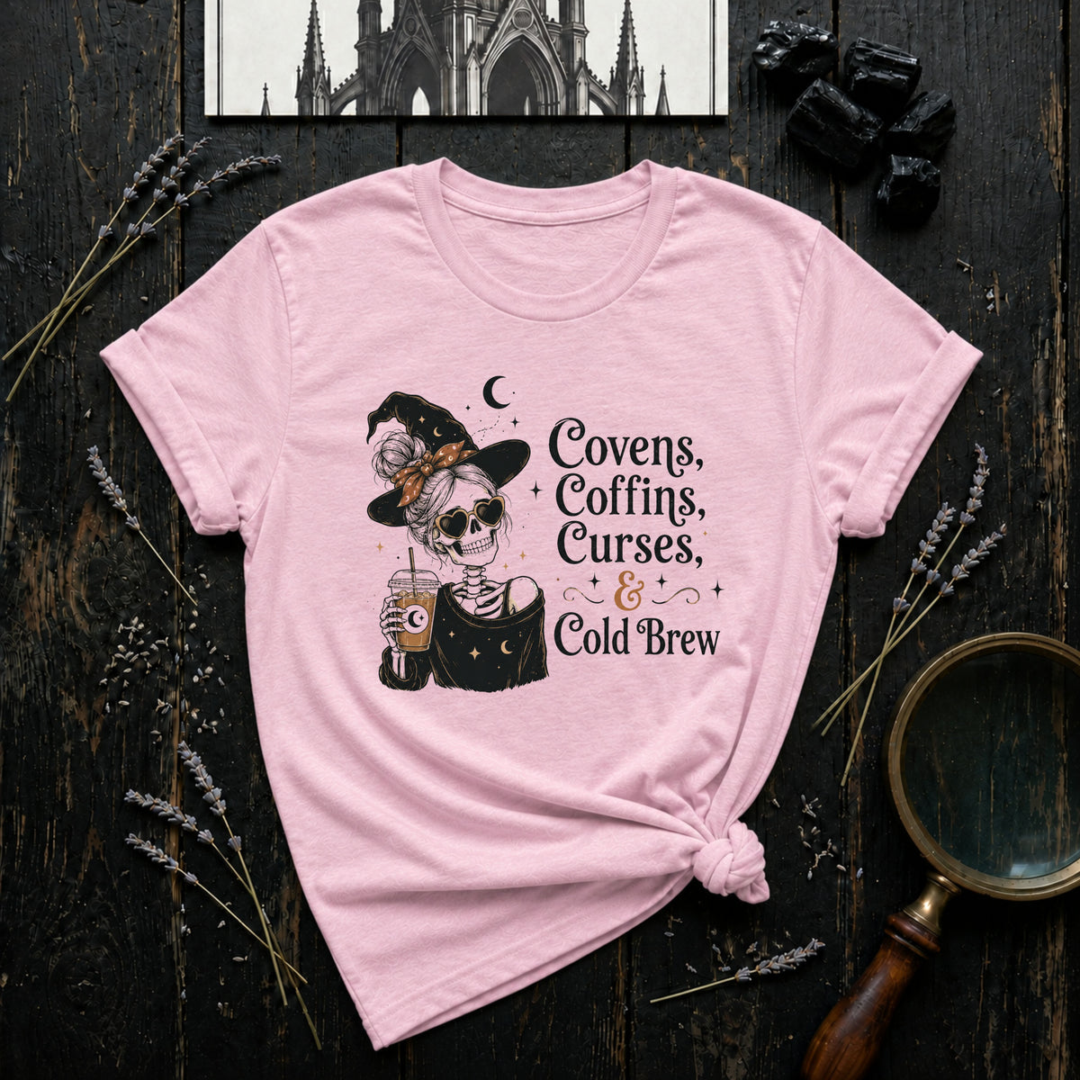Covens, Coffins, Curses, & Cold Brew T-Shirt